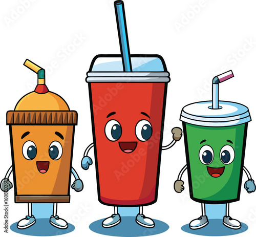 Cartoon Drink Characters with Straws on Transparent Background