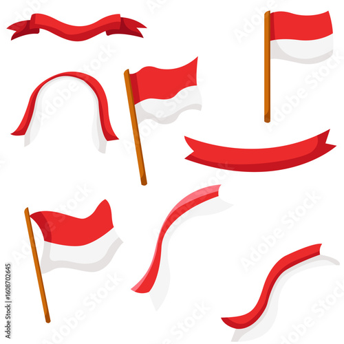 Collection of Indonesian Flag and Red-White Ribbon Elements for Independence Day Celebration Flat Vector Design