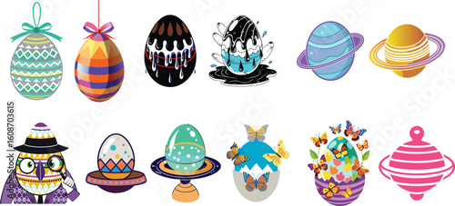 Creative and Colorful Decorative Eggs – A Mix of Festive, Planetary, and Fantasy Themes,set of easter egg day