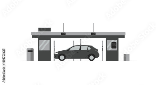 Gray Hatchback Car at Automated Parking Garage Entrance with Digital Display.