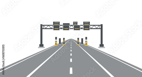 Gray Asphalt Road with Toll Booth and Overhead Signage Structure.