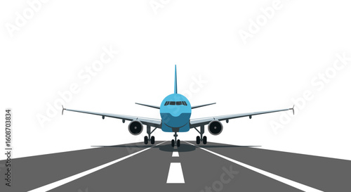 Front View of a Blue Airplane on a Runway with Landing Gear Down.