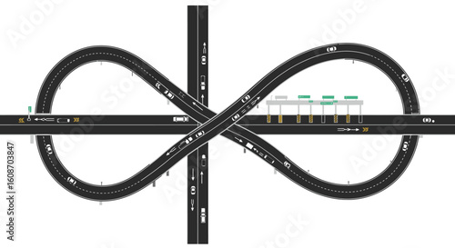 Complex Highway Interchange with Toll Booths and Looped Overpasses in Vector Style.