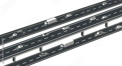 Isometric Highway with Cars and Trucks Gray Tones Transportation Illustration.
