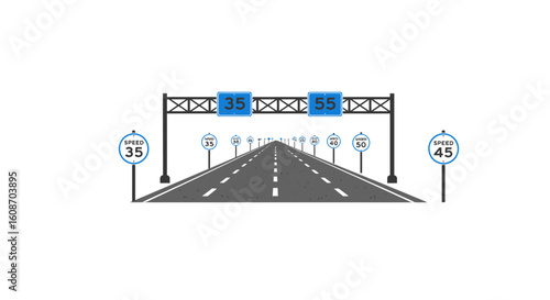 Highway with Speed Limit Signs: Blue and Gray Road Illustration.