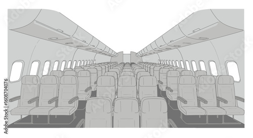 Airplane Interior with Rows of Seats and Overhead Compartments Illustration.