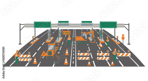 Toll Plaza Construction Scene with Workers Machinery and Safety Barriers.