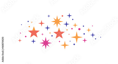 Colorful Starry Sparkle Cluster with Pink Orange and Blue Stars and Dots.