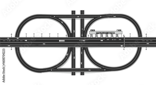 Detailed Black and White Highway Interchange Illustration with Toll Plaza.
