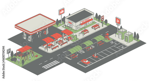 Isometric Rest Stop Illustration with Gas Station Restaurant and Picnic Areas.
