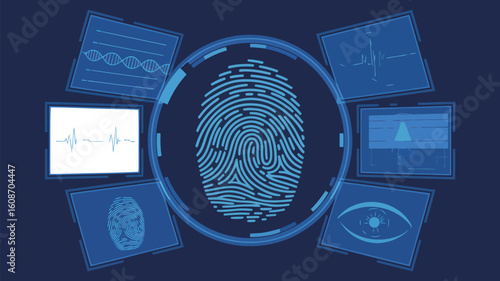 Digital Fingerprint Analysis: An abstract illustration of a digital fingerprint surrounded by analytical screens, representing biometric identification and security.