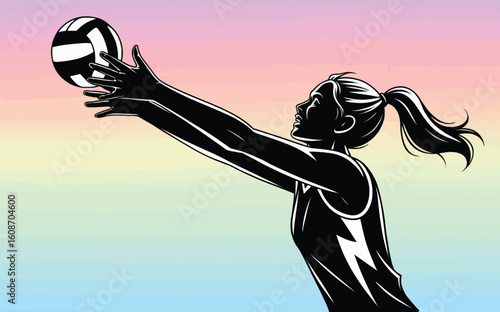 Volleyball Silhouette on Rainbow: A dynamic illustration captures a female athlete mid-action, her silhouette poised against a gradient sky of pastel hues as she prepares to spike the volleyball. 