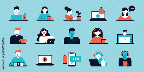 Vector art of a diverse collection of modern flat icons depicting people working and relaxing with technology and beverages.