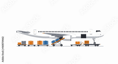 Airplane with Luggage Carts: Loading and Unloading Process Illustration.