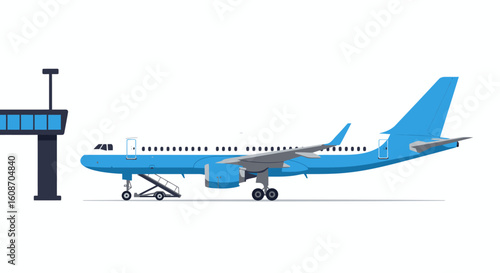 Blue and White Passenger Airplane with Stairs and Gray Wings Illustration.