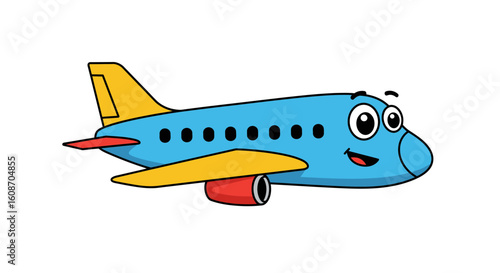 Cartoon Airplane with Big Eyes Blue Body Yellow Wings and Tail.