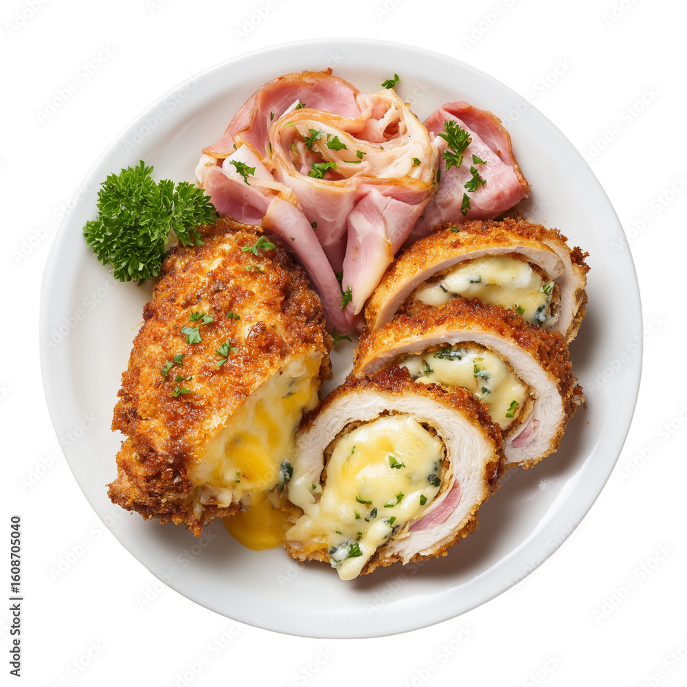 Chicken cordon bleu with ham and cheese plate isolated on transparent background png Chicken cordon bleu with ham and cheese plate isolated on transparent background png