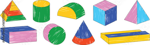 Geometric Shapes: A vibrant array of geometric shapes in a flat design, perfect for illustrating concepts related to math, design, and creativity. 