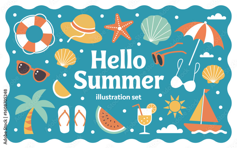 Naklejka premium Hello Summer: Colorful Illustration Set of Summer Elements. Embrace the sunshine and good vibes with this delightful illustration, showcasing a collection of icons that scream summer bliss. 