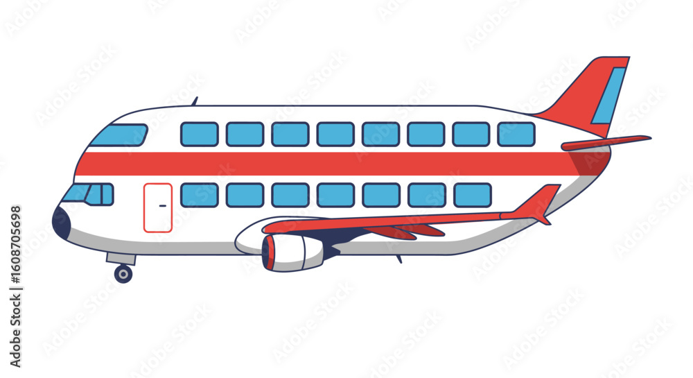 Fototapeta premium Cartoon Double-Decker Airplane with Red Stripes and Blue Windows Illustration.