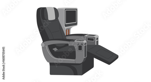 Comfortable First Class Airplane Seat with Entertainment Screen and Leg Rest.