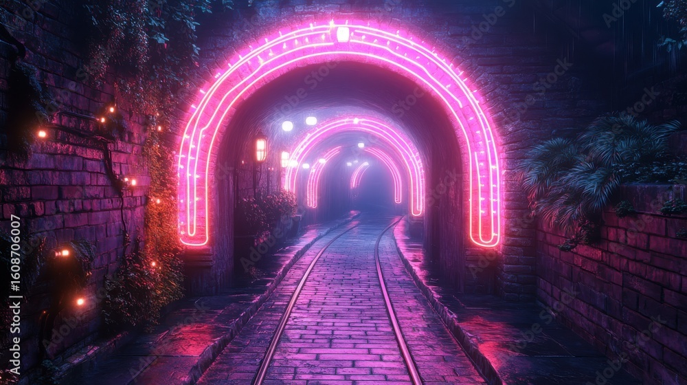 Fototapeta premium A misty tunnel illuminated by vibrant pink neon lights, creating a surreal atmosphere.
