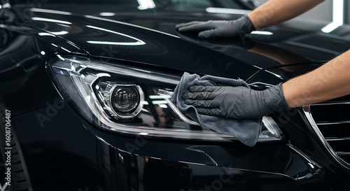 Automotive perfection: A detailer's gloved hands meticulously clean a shining black car