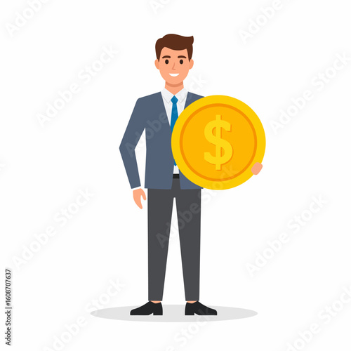 A smiling businessman in a suit holding a large golden dollar coin.