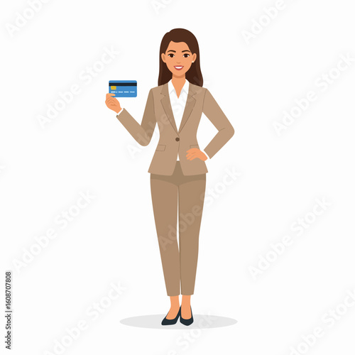 Confident businesswoman proudly displays credit card, signifying financial success and secure transactions.