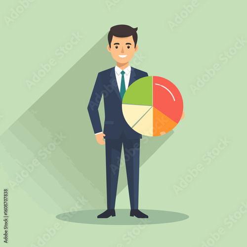 A cartoon businessman in a formal suit stands holding a colorful data pie chart.