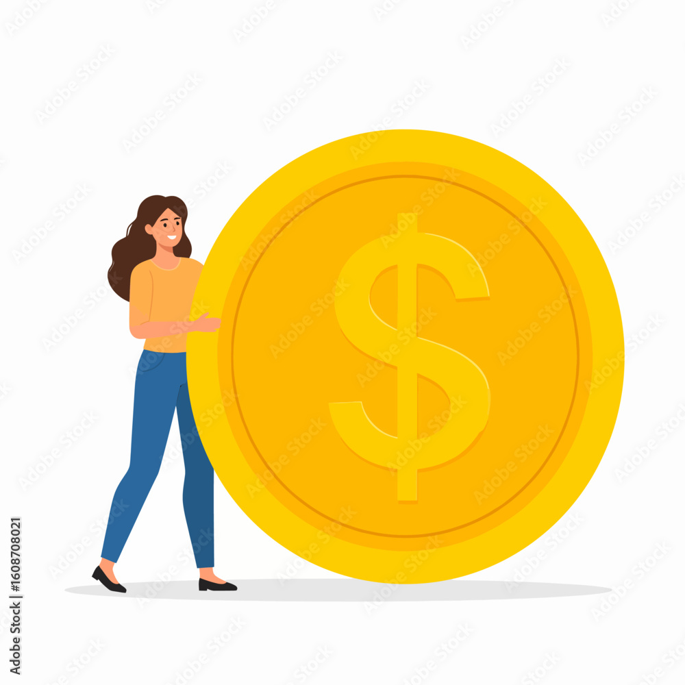 Woman carrying a large golden dollar coin, symbolizing wealth and financial success. Woman carrying a large golden dollar coin, symbolizing wealth and financial success.