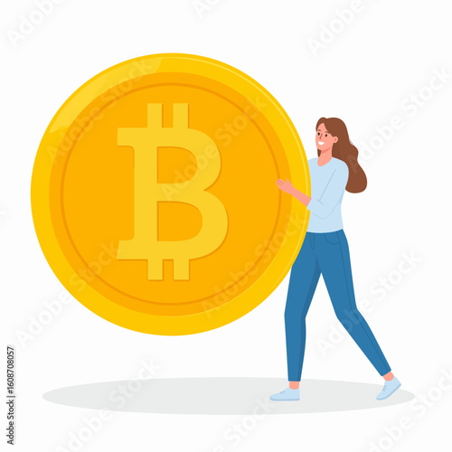 Woman happily carries a giant Bitcoin coin.