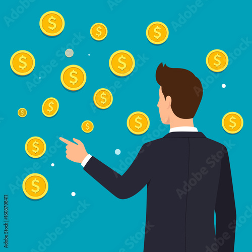 Businessman points at floating gold coins, representing wealth, success, and financial growth in a stylized illustration.