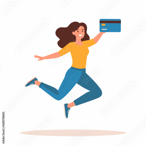 Happy woman in mid-air holding a credit card, expressing joy and success in a purchase.