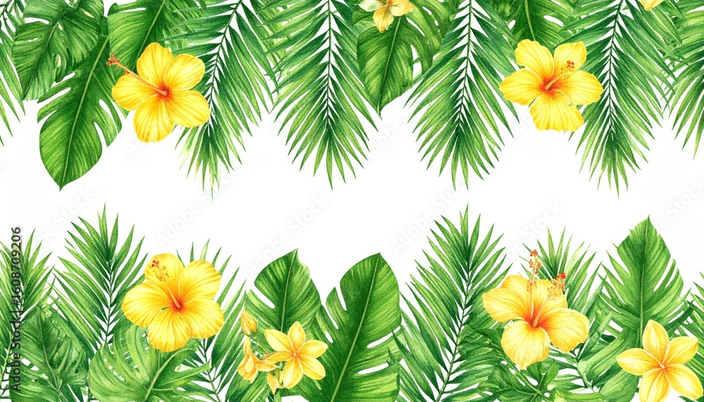 Fototapeta premium Tropical vintage botanical green plants, palm leaves seamless border, Jungle wallpaper