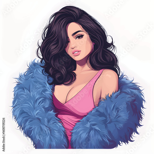 Red-dressed woman with glamorous makeup, a feather boa, and a radiant smile models in a studio, her dark hair framing her beautiful face and captivating blue eyes