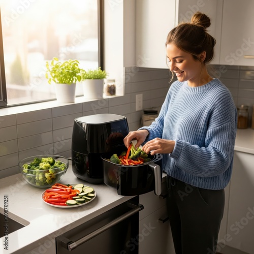 A woman enjoys a healthy lifestyle, cooking colorful vegetables in an air fryer for a quick, easy, and nutritious meal at home

