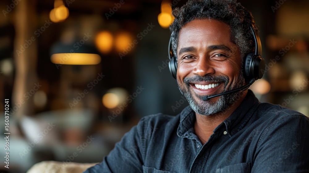 A smiling man wearing a headset, engaged in conversation in a cozy environment. A smiling man wearing a headset, engaged in conversation in a cozy environment.