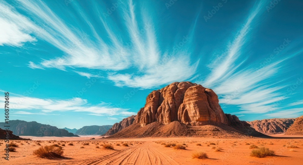Naklejka premium A scenic view of a desert landscape with a prominent rock formation under a bright blue sky with wispy clouds.