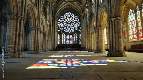 Interior of a grand cathedral showcasing vibrant stained glass windows casting colorful light