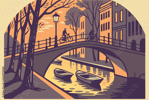 Utrecht canals at twilight, rowboats tied to the quays, cyclists crossing bridges, and streetlights reflecting on the calm water, modern flat illustration style
