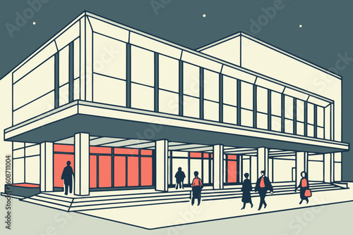 Utrecht’s modern TivoliVredenburg concert hall glowing at night, visitors entering for a live jazz performance, modern flat illustration style