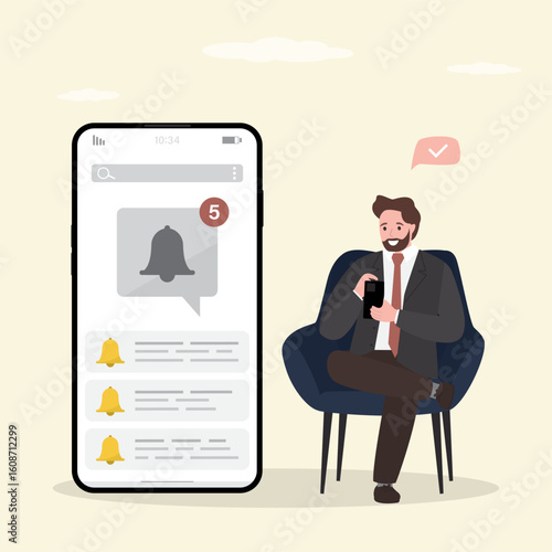 Reminder, push notifications on mobile phone screen, concept. Happy male character uses smartphone. Online notification. Businessman receive new incoming message.
