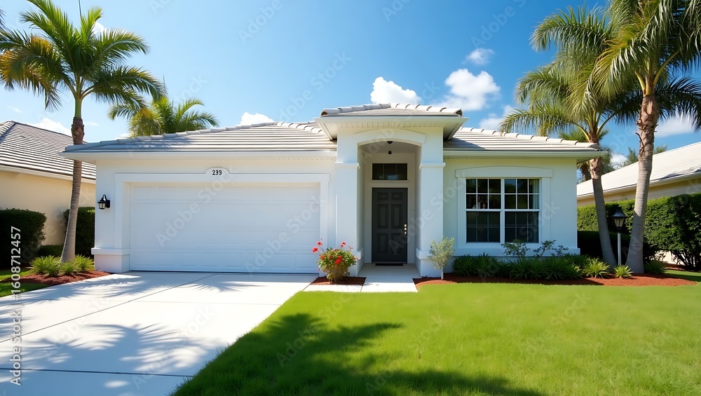 Fototapeta premium Modern Suburban House with White Facade and Palm Trees under Blue Sky