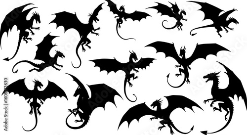 a variety of dragon silhouettes, mythical creatures, black color, vector

