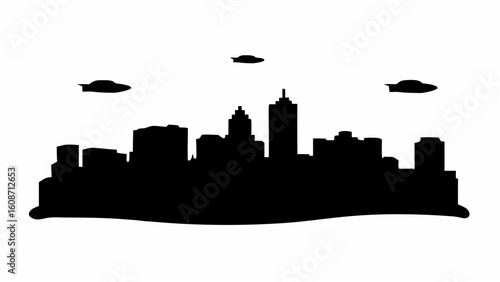 Silhouette of a city skyline with skyscrapers and three unidentified flying objects in the sky above it
