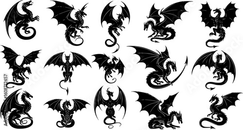 a variety of dragon silhouettes, mythical creatures, black color, vector

