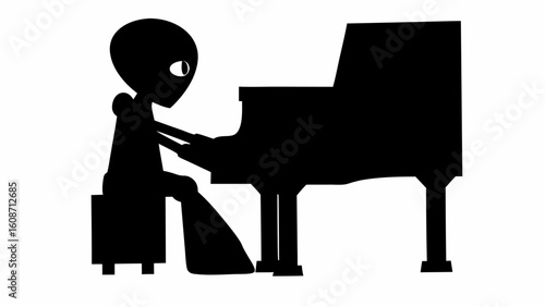 Silhouette of an alien playing a piano with a stool in black and white simple graphic design art
