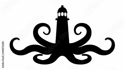 A black silhouette of a lighthouse with octopus tentacles emanating from its base on a white background
