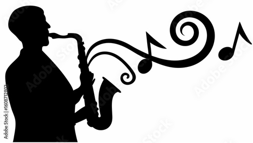 Silhouette of a man playing saxophone with musical notes floating from the instrument in black and white